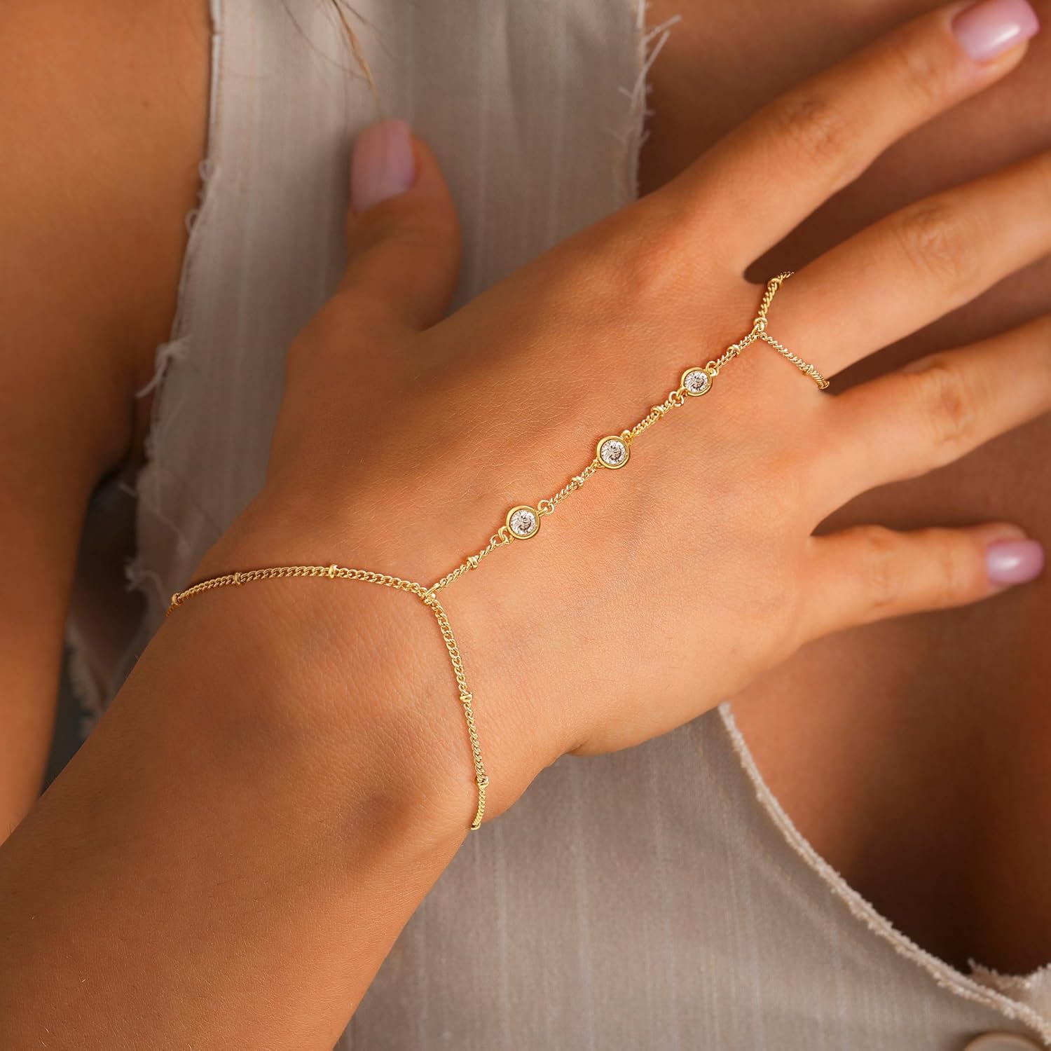 Dazzling 14K Gold Hand Chain Bracelet