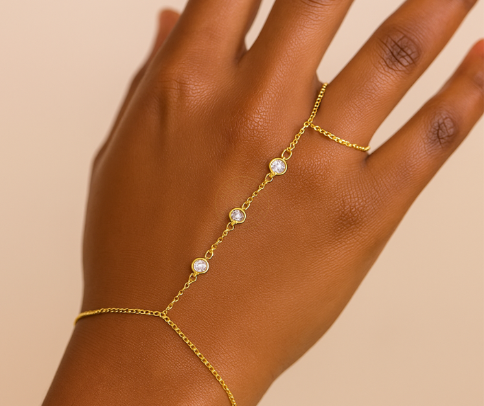 Dazzling 14K Gold Hand Chain Bracelet